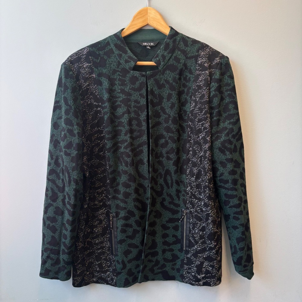 Misook Cardigan Jacket Green Black Leopard Print Knit XL